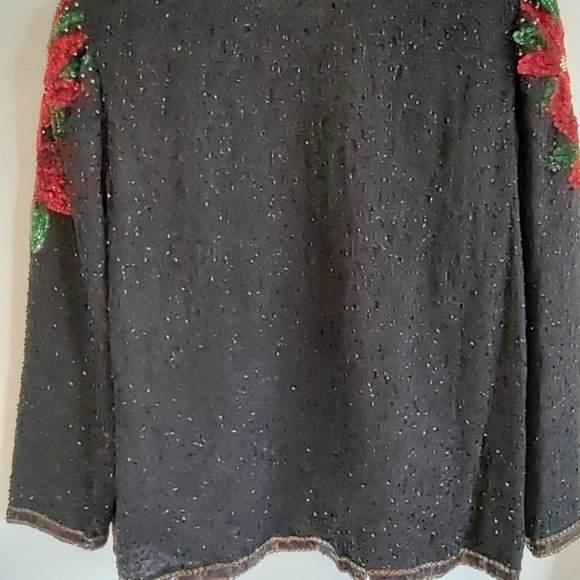 Laurence Kazar Sequin Beaded Embellished Christmas Poinsettia Cardigan Jacket L - Picture 5 of 8